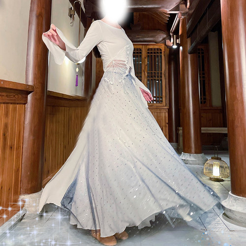 星空无艺之艺一朵大左古典白色渐变深蓝闪亮360度古风一片式摆裙