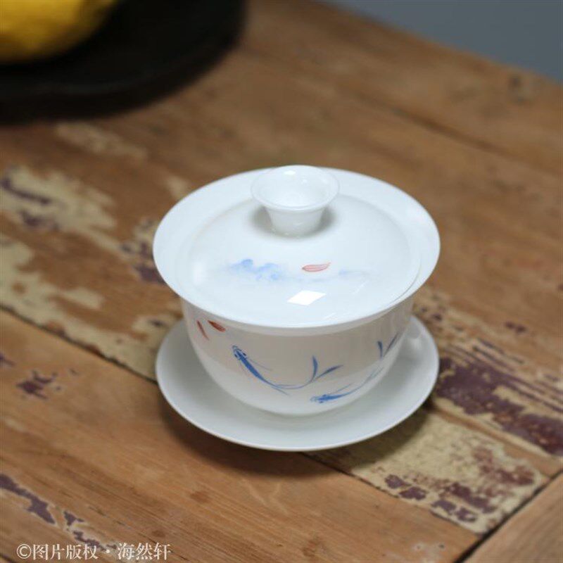 国风 手工潮州功夫茶具薄胎骨瓷手绘小鱼三才杯盖碗泡 单丛茶碗
