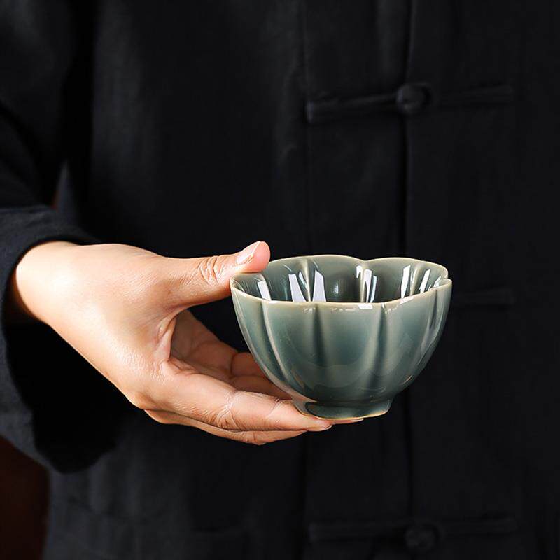 洞藏楼 密色青瓷主人杯复古功夫茶杯陶瓷茶杯茶具套装花口品茗杯