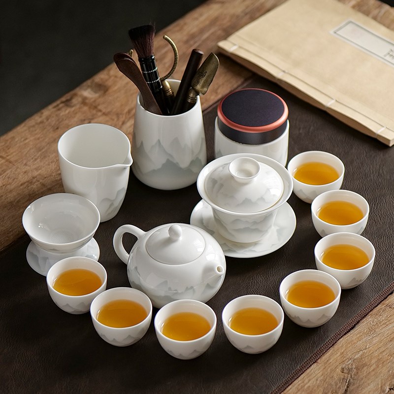 简约水墨风功夫茶具套装 家用会客厅办公整套盖碗 茶杯六君子茶盘
