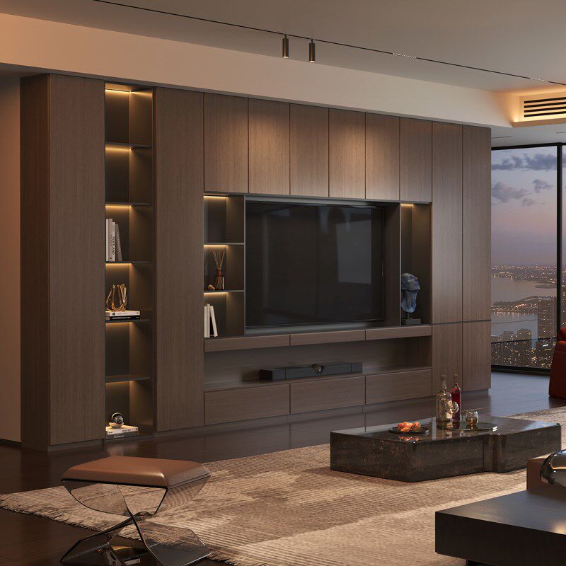 实木轻奢电视背景墙柜一体组合现代简约新中式储物收纳展示柜家用