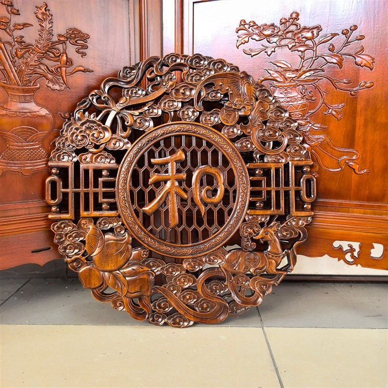 东阳木雕挂件实木客厅玄关壁挂福字香樟木福禄寿喜中式背景墙装