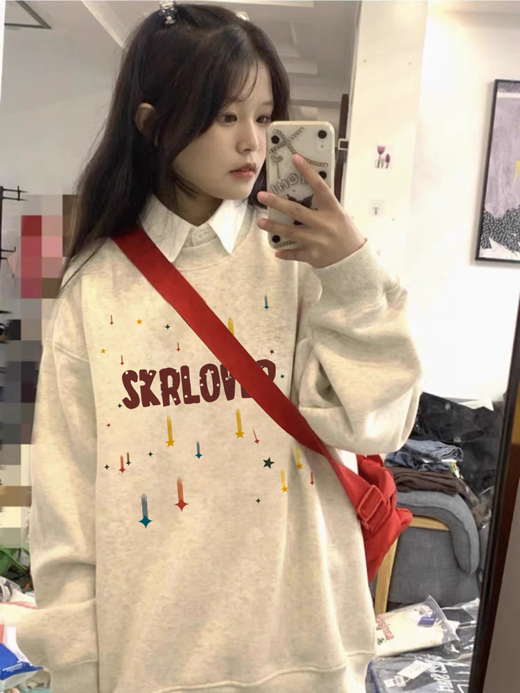纯棉白灰色美式复古慵懒卫衣女