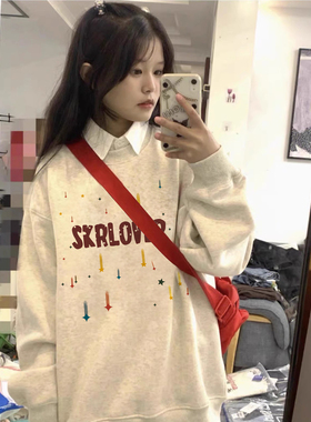 纯棉美式复古慵懒chic长袖圆领卫衣女春秋宽松小众设计感潮牌上衣