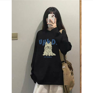 宽松慵懒黑色显瘦内搭打底衫 t恤女2026新款 潮牌正肩长袖 纯棉美式