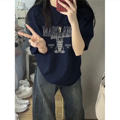 美式复古hiphop正肩短袖t恤女