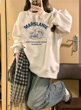 纯棉美式复古小个子巨好看的卫衣女宽松无帽秋冬韩系加绒加厚上衣