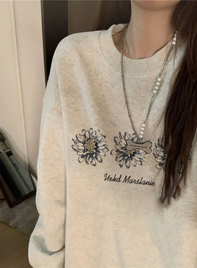 纯棉美式复古玫瑰花印花无帽卫衣女秋冬宽松慵懒加绒加厚长袖上衣