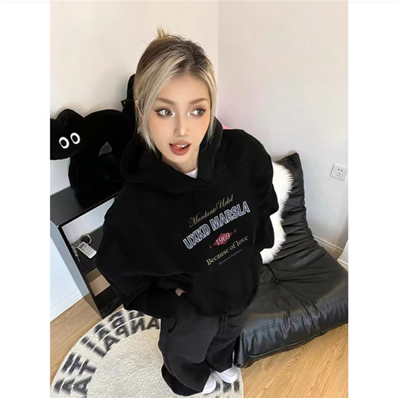 纯棉美式潮牌字母连帽卫衣女宽松