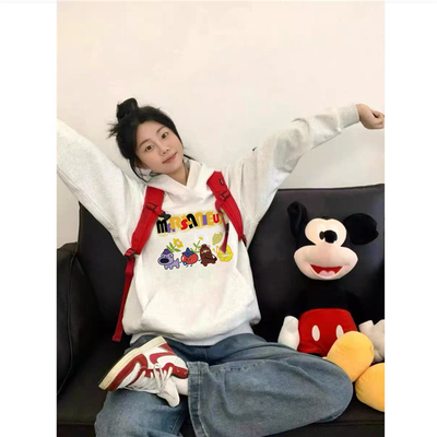 纯棉美式卡通加绒连帽卫衣女外套