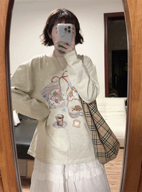 纯棉美式复古可爱小熊正肩长袖t恤女2026新款早秋宽松慵懒打底衫