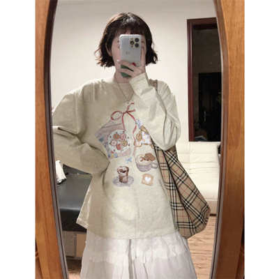 纯棉美式复古可爱小熊长袖t恤女