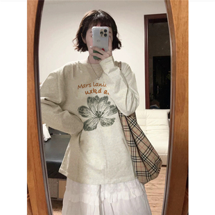 薄款 纯棉美式 秋季 t恤女2026新款 小众设计感上衣 复古灰色正肩长袖