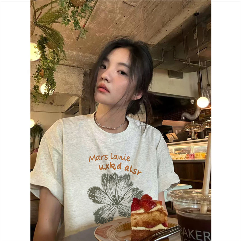 纯棉美式复古植物花卉正肩短袖t恤女夏季设计感小众慵懒半袖体恤