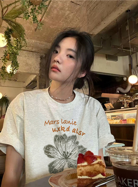 纯棉美式复古植物花卉正肩短袖t恤女夏季设计感小众慵懒半袖体恤