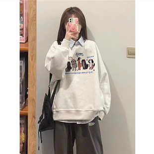 上衣 设计感宽松套头无帽长袖 纯棉美式 复古卡通圆领卫衣女2025新款