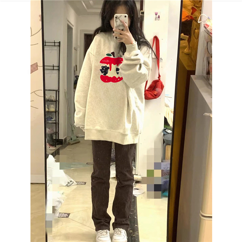 纯棉美式复古卡通圆领卫衣女宽松