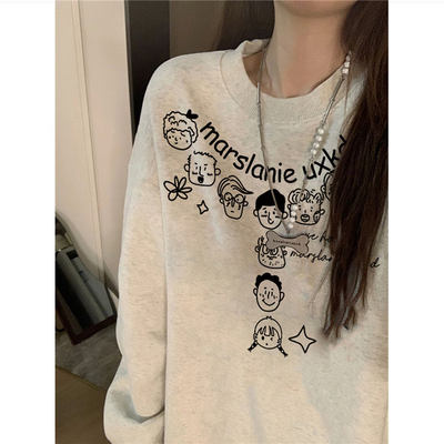 纯棉美式复古无帽加绒加厚卫衣女