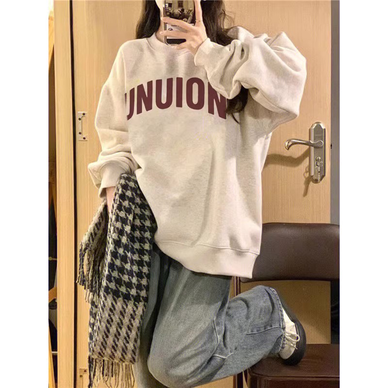 100%纯棉秋冬无帽圆领卫衣女