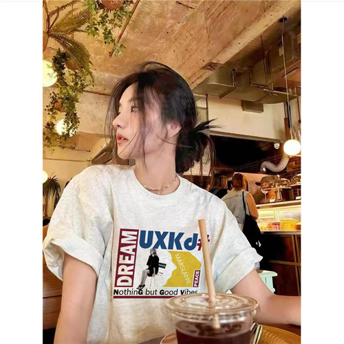 纯棉美式复古潮牌灰色短袖t恤女