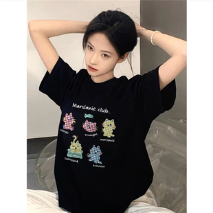 上衣 纯棉美式 潮牌正肩短袖 t恤女夏季 设计感小众宽松独特漂亮半袖