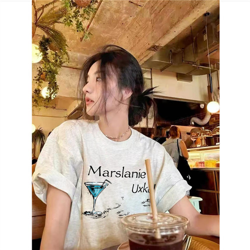 纯棉美式复古正肩短袖t恤女宽松