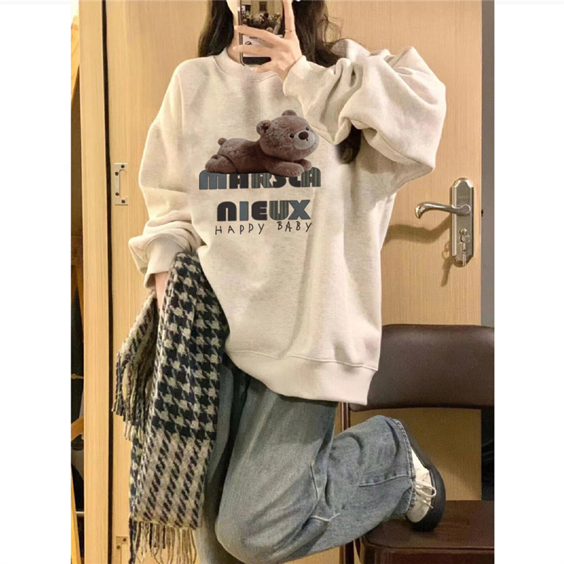 纯棉美式复古卡通无帽圆领卫衣女