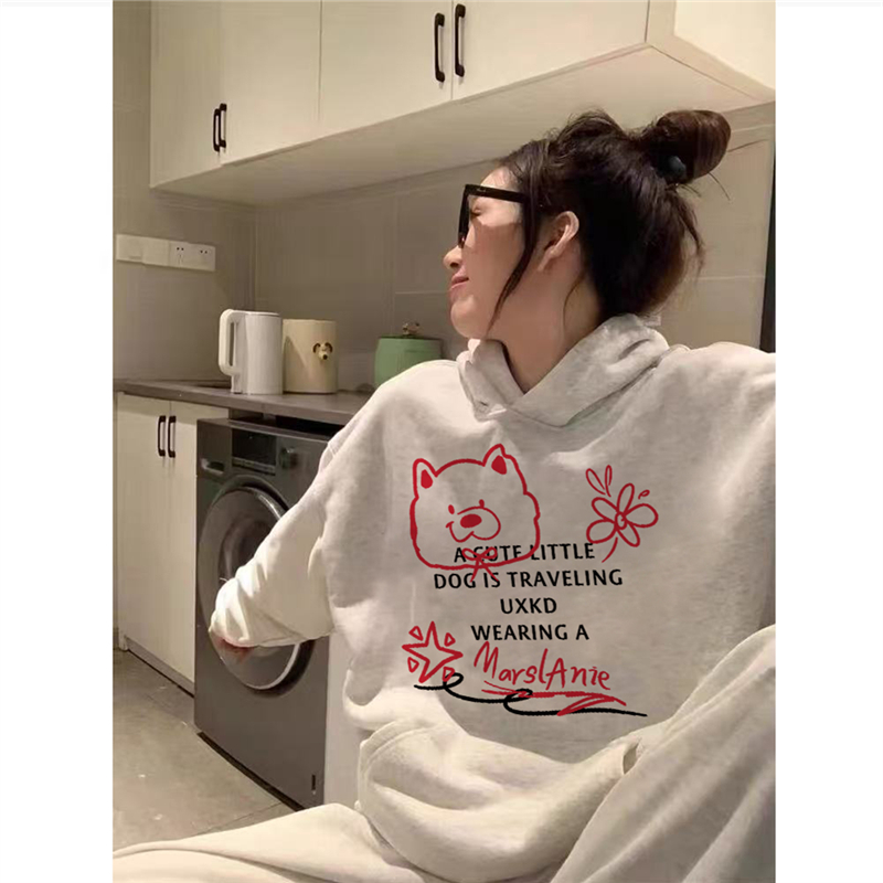 纯棉美式潮牌小熊字母连帽卫衣女