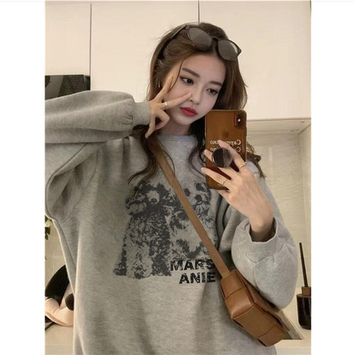 纯棉美式复古灰色套头圆领卫衣女