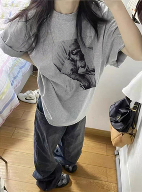 纯棉美式潮牌灰色正肩短袖t恤女2026新款宽松设计感高街半袖上衣