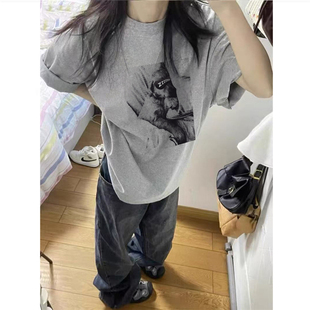 宽松设计感高街半袖 t恤女2026新款 上衣 潮牌灰色正肩短袖 纯棉美式