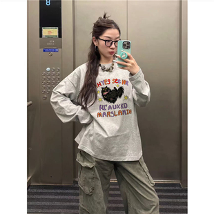 纯棉美式潮牌灰色正肩长袖t恤女春秋薄款慵懒风宽松高级感打底衫