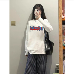 潮牌字母正肩长袖 慵懒白色打底衫 t恤女2026新款 薄款 秋季 纯棉美式