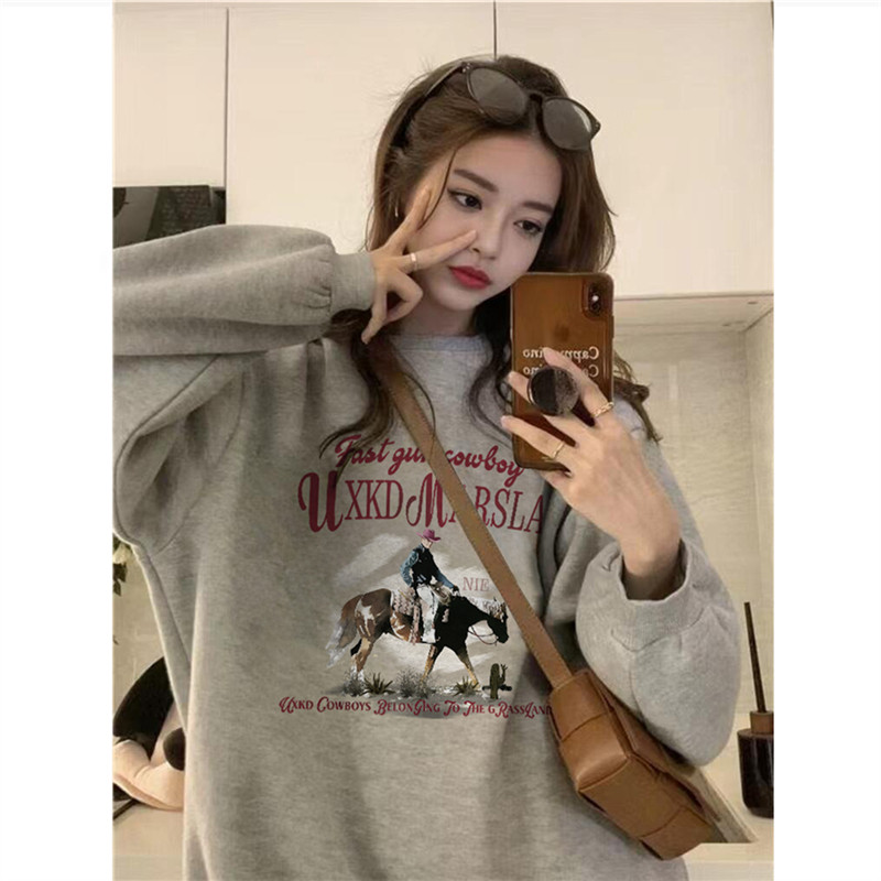 纯棉美式复古灰色圆领卫衣女2025秋冬新款宽松慵懒风加绒加厚上衣,女装/女士精品,卫衣/绒衫,淘宝优惠券,粉丝福利购,淘宝优惠卷