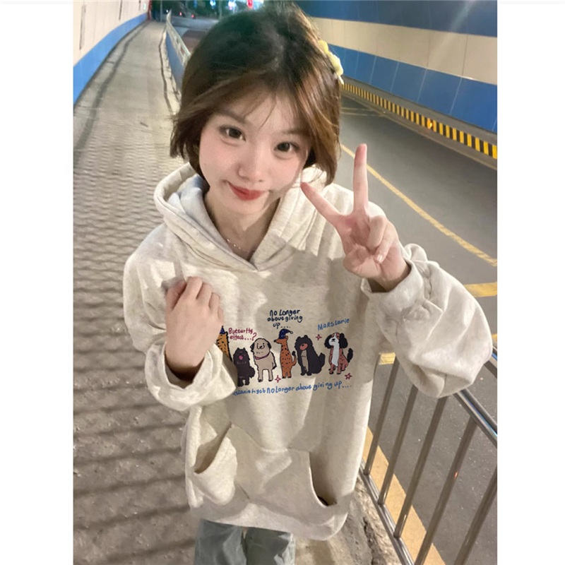 纯棉美式复古卡通连帽卫衣女宽松