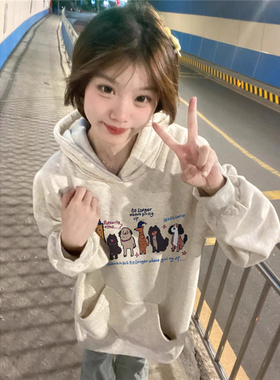 纯棉美式复古卡通连帽卫衣女2025新款爆款小个子宽松oversize外套