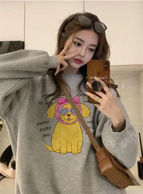 纯棉美式复古卡通套头圆领卫衣女2025新款秋季宽松慵懒风无帽上衣