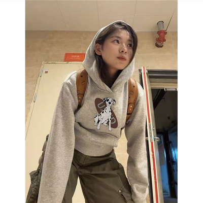 纯棉美式潮牌灰色连帽卫衣女慵懒