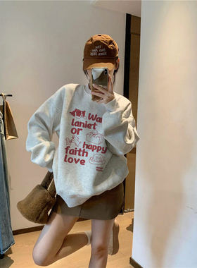 纯棉美式复古卡通趣味无帽圆领卫衣女秋冬宽松慵懒风加绒加厚上衣