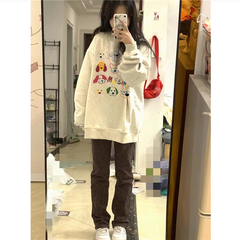 纯棉美式复古趣味狗狗圆领卫衣女