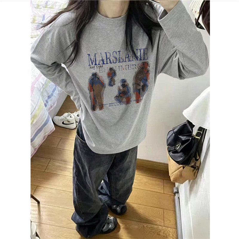 美式复古oversize灰色长袖t恤女图片
