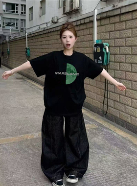 纯棉高街美式复古正肩短袖t恤女2025新款夏季设计感小众黑色体恤