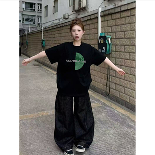 夏季 t恤女2026新款 设计感小众黑色体恤 复古正肩短袖 纯棉高街美式