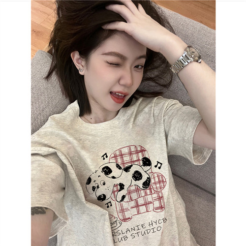 纯棉美式慵懒小狗短袖t恤女正肩