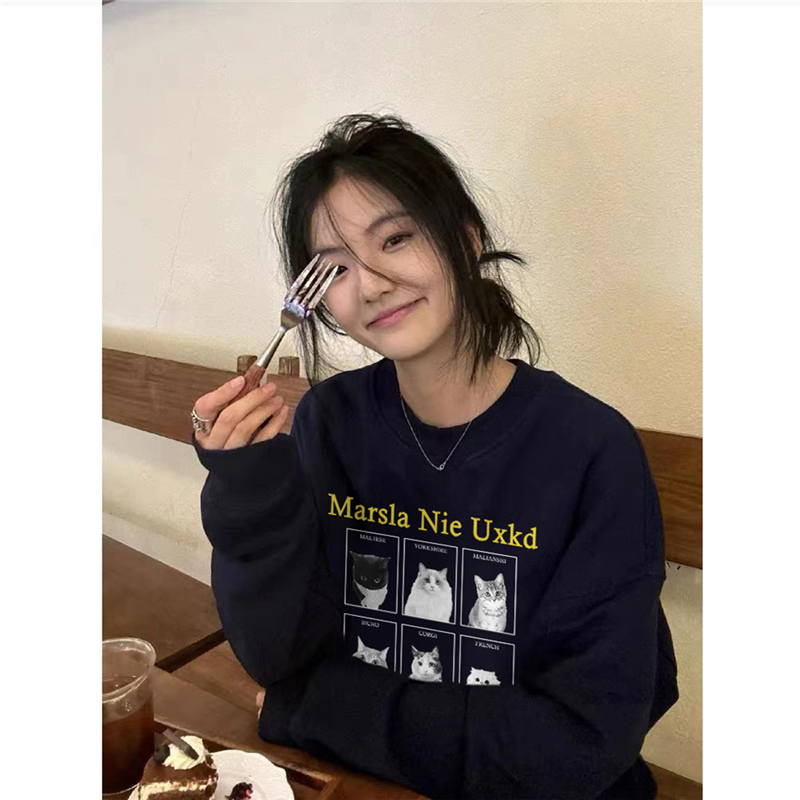 美式复古加绒加厚无帽圆领卫衣女