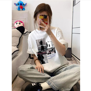 纯棉美式复古人物图案短袖t恤女2026新款宽松街头潮牌高级感上衣