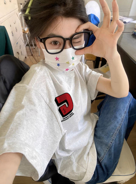 100%纯棉美式复古正肩字母短袖t恤女宽松设计感小众港味chic上衣