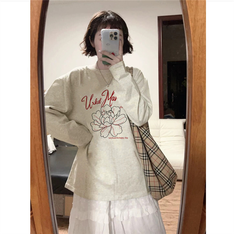纯棉美式复古植物花卉长袖t恤女秋季宽松oversize设计感小众体恤