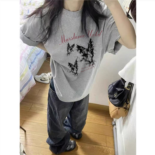 纯棉美式复古蝴蝶正肩短袖t恤女