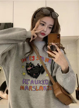 纯棉高街美式oversize卡通灰色圆领卫衣女冬季加绒加厚超好看上衣